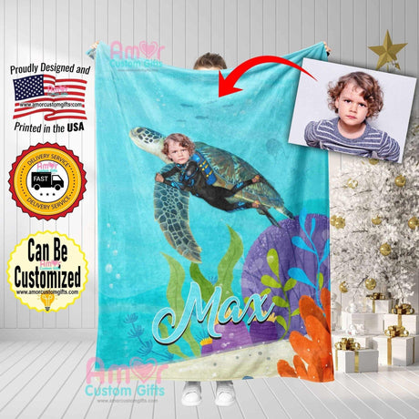 Blankets Personalized Giant Sea Turtle Blanket | Custom Face & Name Boy Sea Turtle Blanket,  Customized Blanket