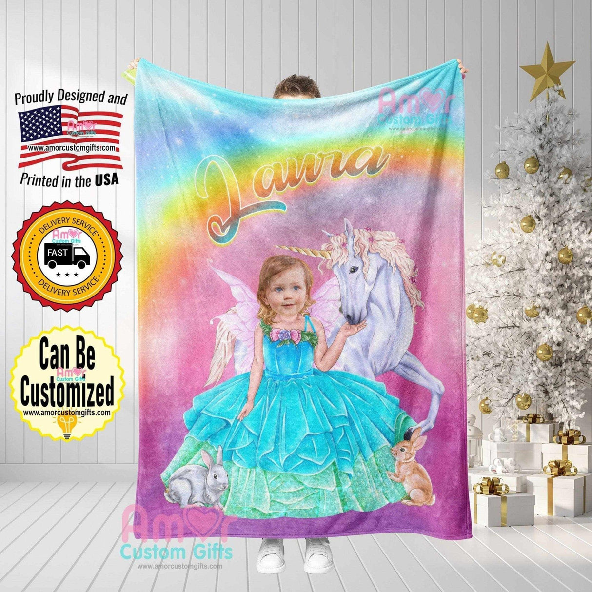 Blankets Personalized Glowing Unicorn Blanket | Custom Face & Name Unicorn Girl Blanket,  Customized Blanket