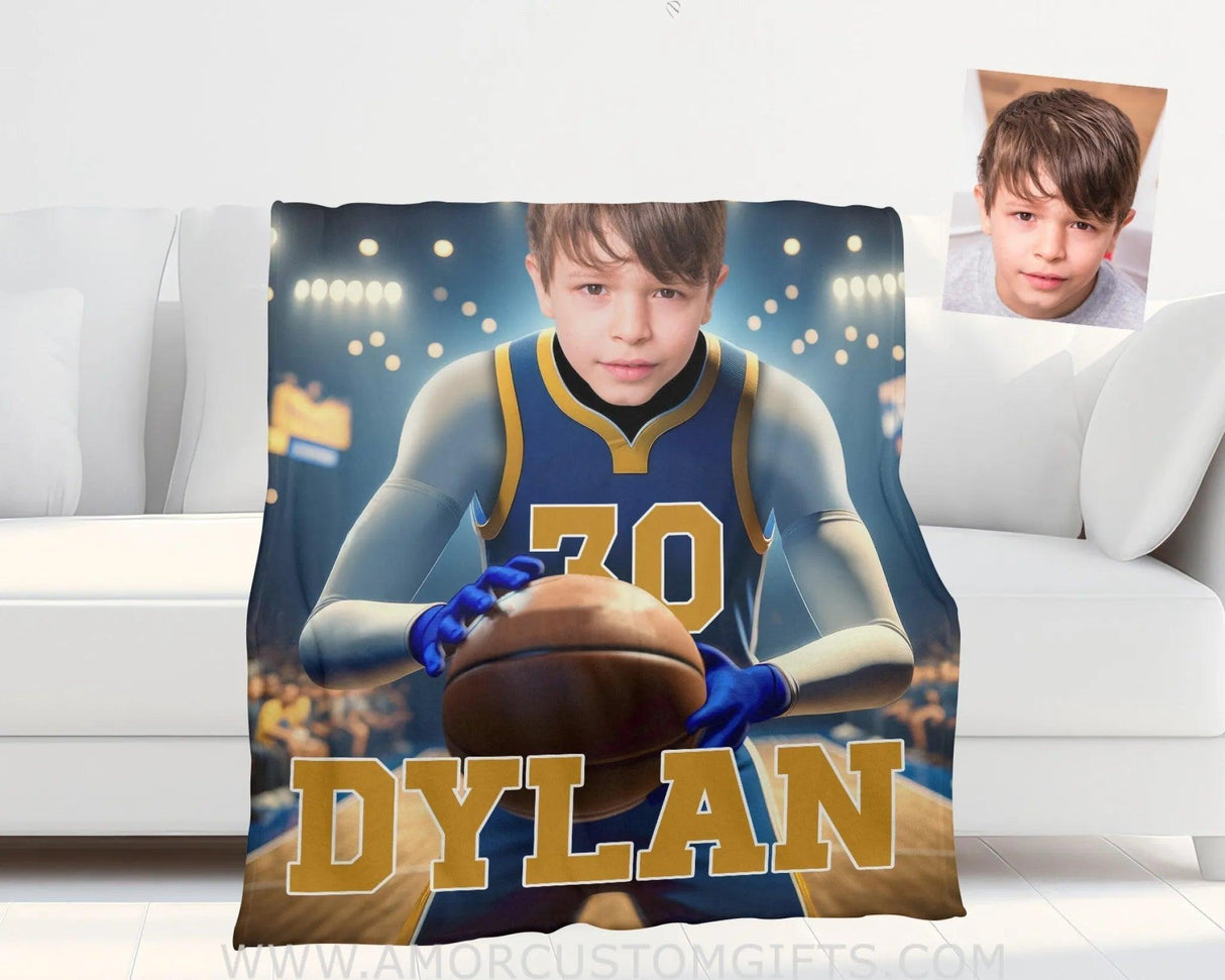 Blankets Personalized NBA Golden State Basketball Boy Warriors Photo Blanket | Custom Name & Face Boy Blanket