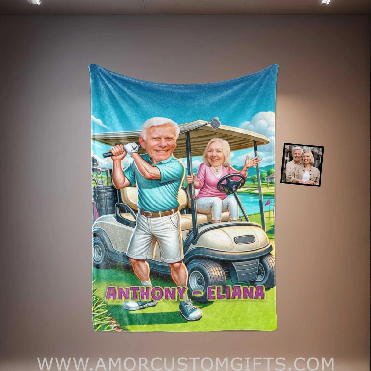 Blankets Personalized Golf Elderly Couple Blanket | Custom Face & Name Couple Blanket