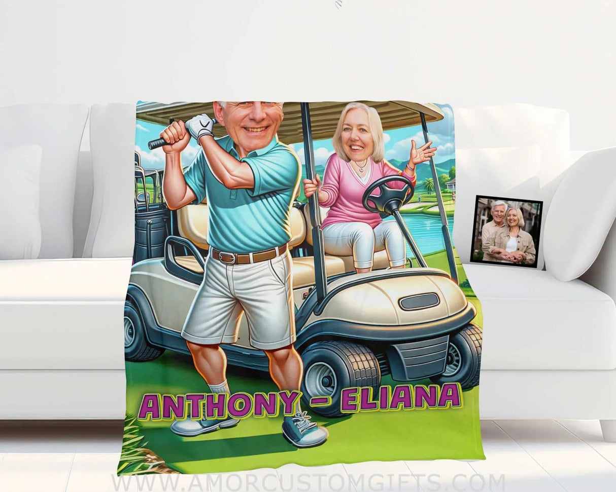 Blankets Personalized Golf Elderly Couple Blanket | Custom Face & Name Couple Blanket