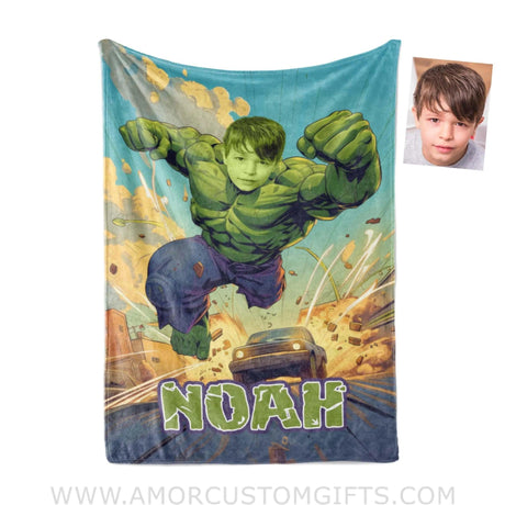 Blankets Personalized Green Hulk Superhero Boy Photo Blanket | Custom Name & Face Boy Blanket