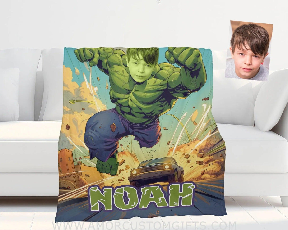 Blankets Personalized Green Hulk Superhero Boy Photo Blanket | Custom Name & Face Boy Blanket