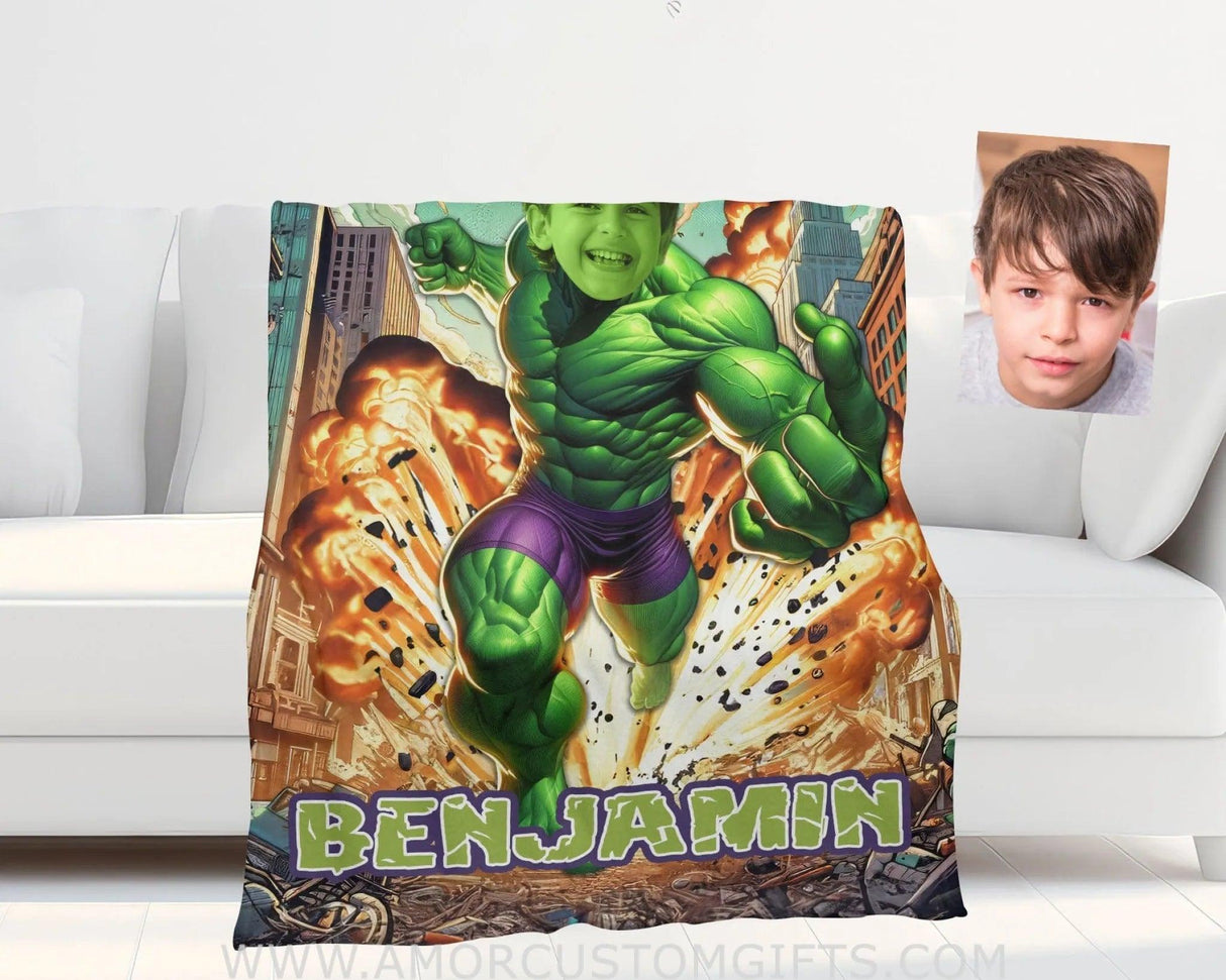 Blankets Personalized Green Hulk Superhero In Battle City Boy Photo Blanket | Custom Name & Face Boy Blanket