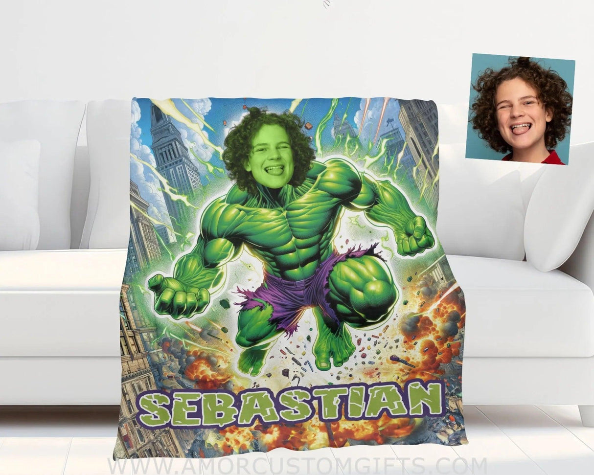 Blankets Personalized Green Hulk Superhero In Fire Battle Boy Photo Blanket | Custom Name & Face Boy Blanket