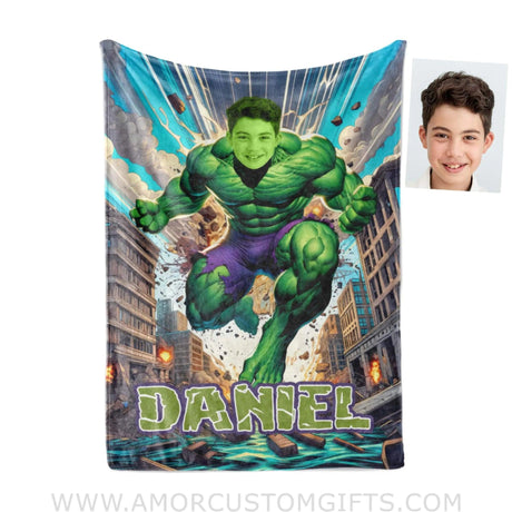 Blankets Personalized Green Hulk Superhero Winning Battle Boy Photo Blanket | Custom Name & Face Boy Blanket