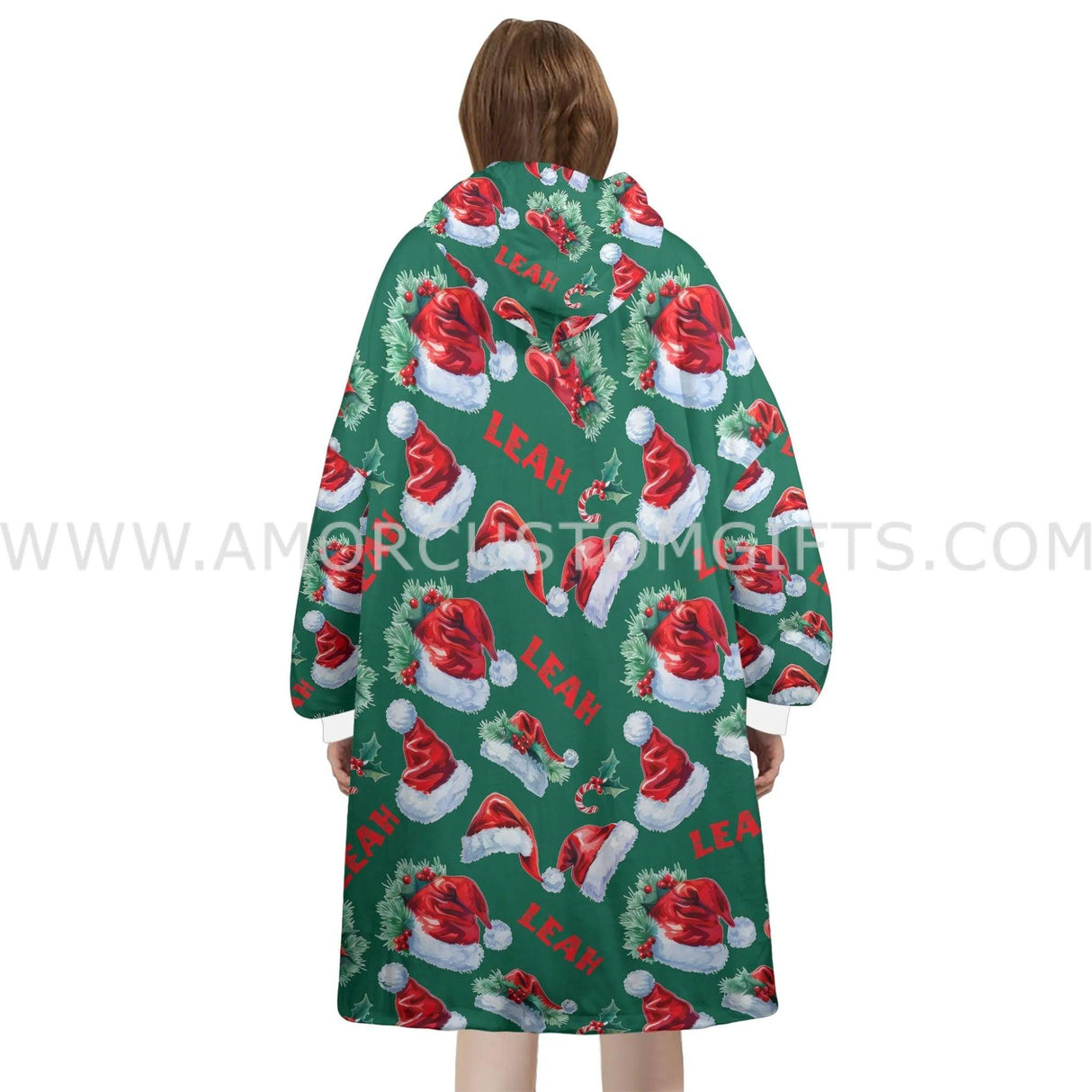 Personalized Green Santa Claus Hats Snug Oversized Wearable Hoodie Blanket-Hoodie Blanket-Amor Custom Gifts