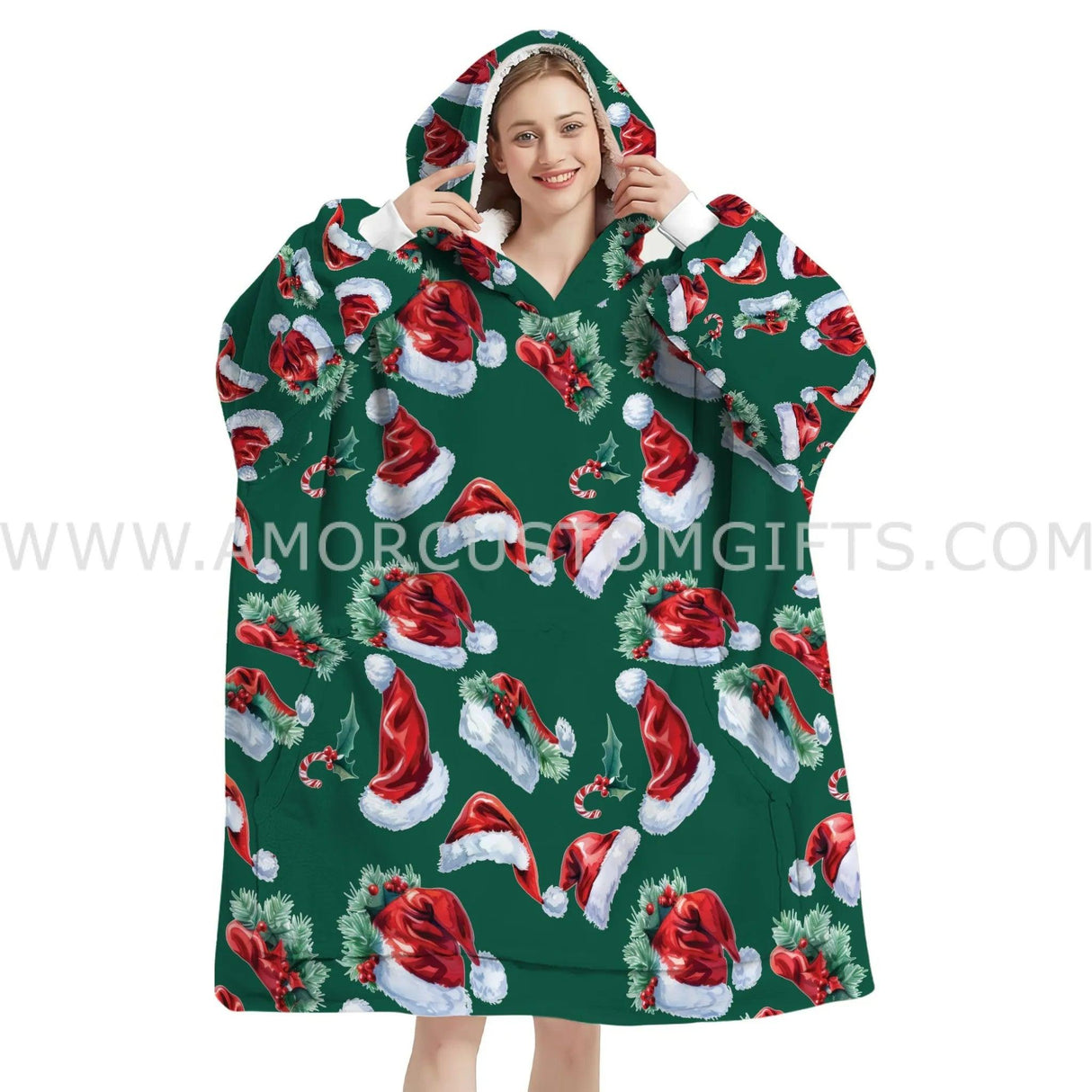 Personalized Green Santa Claus Hats Snug Oversized Wearable Hoodie Blanket-Hoodie Blanket-Amor Custom Gifts