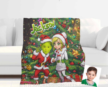 Blankets Personalized Grinchy Boy 2 Photo Blanket | Custom Face & Name Blanket For Boys