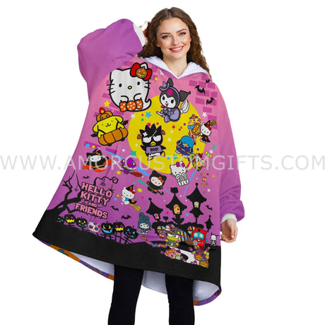 Personalized Halloween Cartoon Kittie And Friends Snug Oversized Wearable Hoodie Blanket-Hoodie Blanket-Amor Custom Gifts