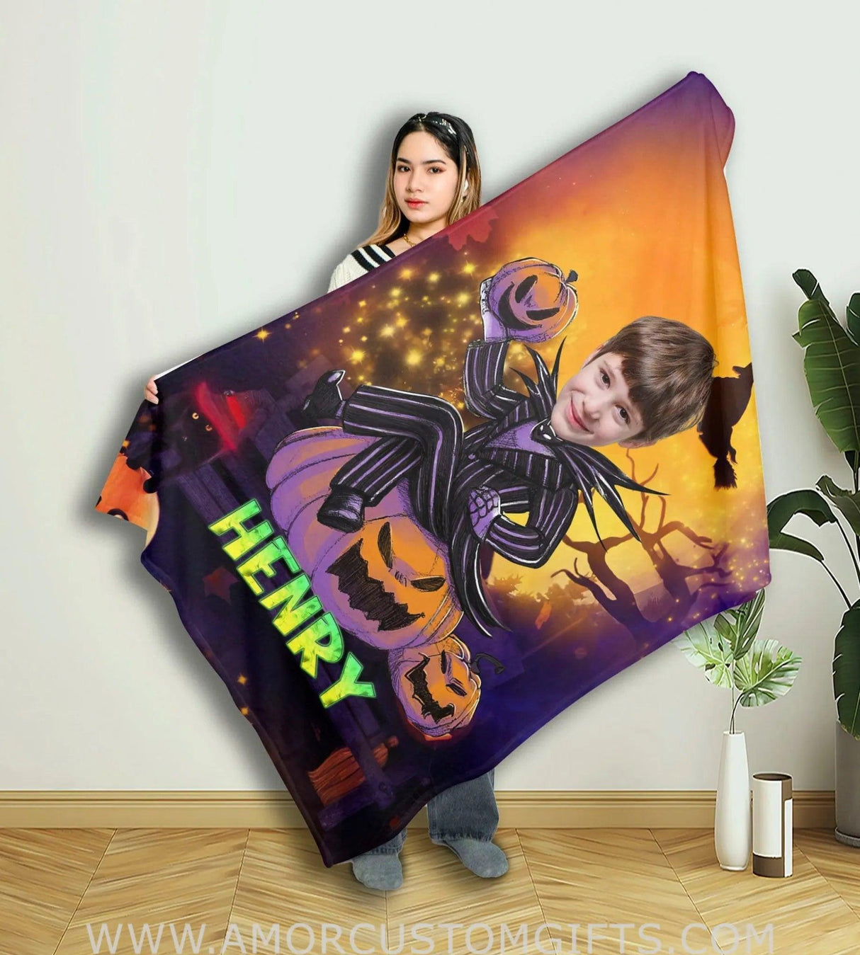 Blankets Personalized Halloween Character Blanket | Custom Face & Name Boy Blanket