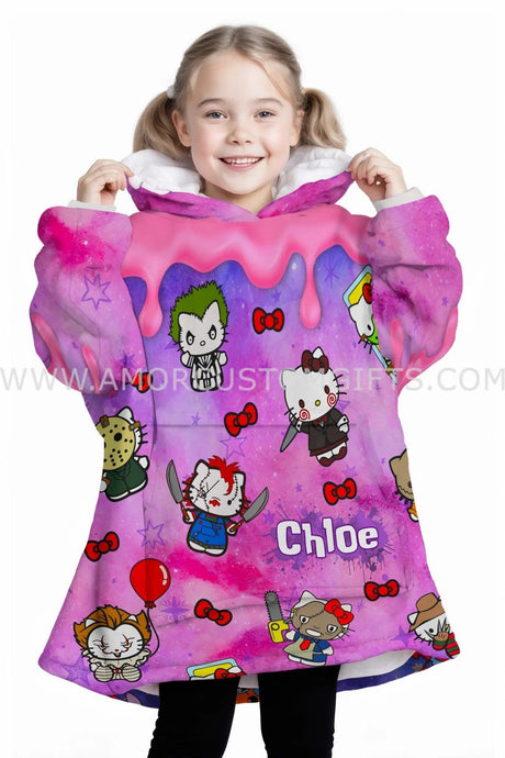 Personalized Hello Kittie Horror Icons Halloween Snug Oversized Wearable Hoodie Blanket-Hoodie Blanket-Amor Custom Gifts