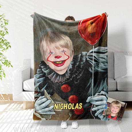 Blankets Personalized Horror Movie Spooky Clown Blanket | Custom Face & Name Boy Blanket