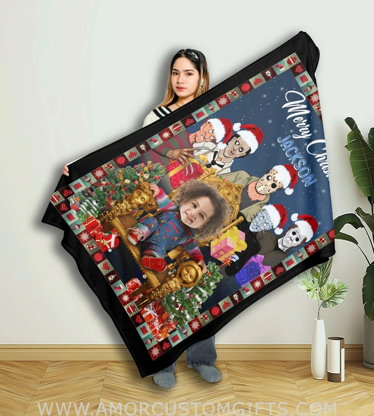 Blankets Personalized Horror Movie Watching Blanket | Custom Face & Name Christmas Boy Blanket