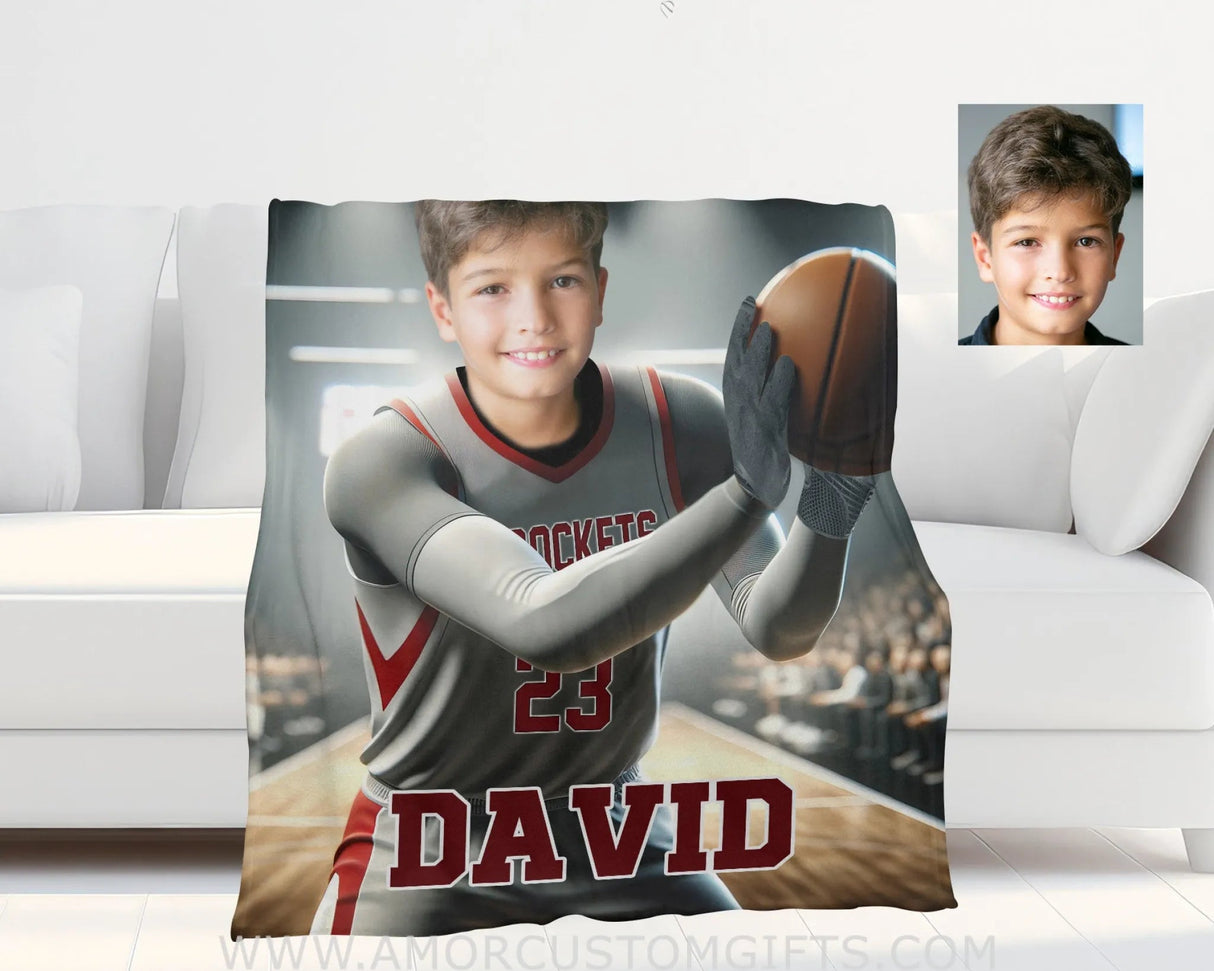 Blankets Personalized NBA Houston Basketball Boy Rockets Photo Blanket | Custom Name & Face Boy Blanket