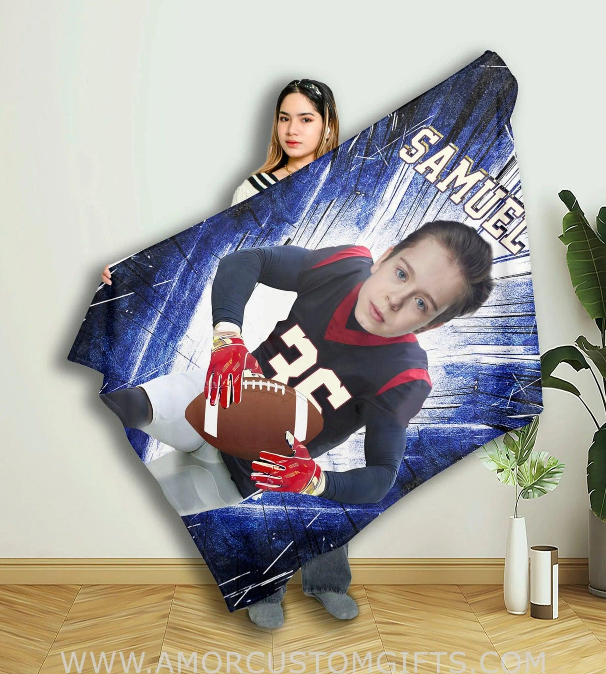 Blankets Personalized Houston Football Boy Blanket | Custom Face & Name Football Boys Blanket