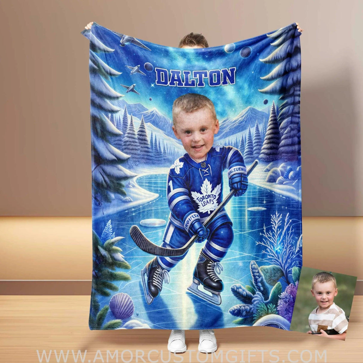 Blankets Personalized Ice Hockey Boy Blanket | Custom Face & Name Toronto Leafs Blanket For Boys