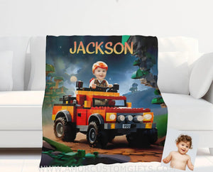 Blankets Personalized Interlocking Building Blocks Classic Vehicle 1 Photo Blanket | Custom Face & Name Blanket For Boys