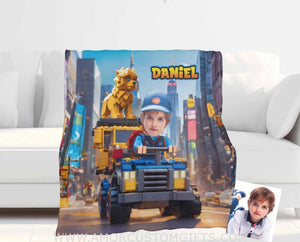 Blankets Personalized Interlocking Building Blocks Classic Vehicle 2 Photo Blanket | Custom Face & Name Blanket For Boys