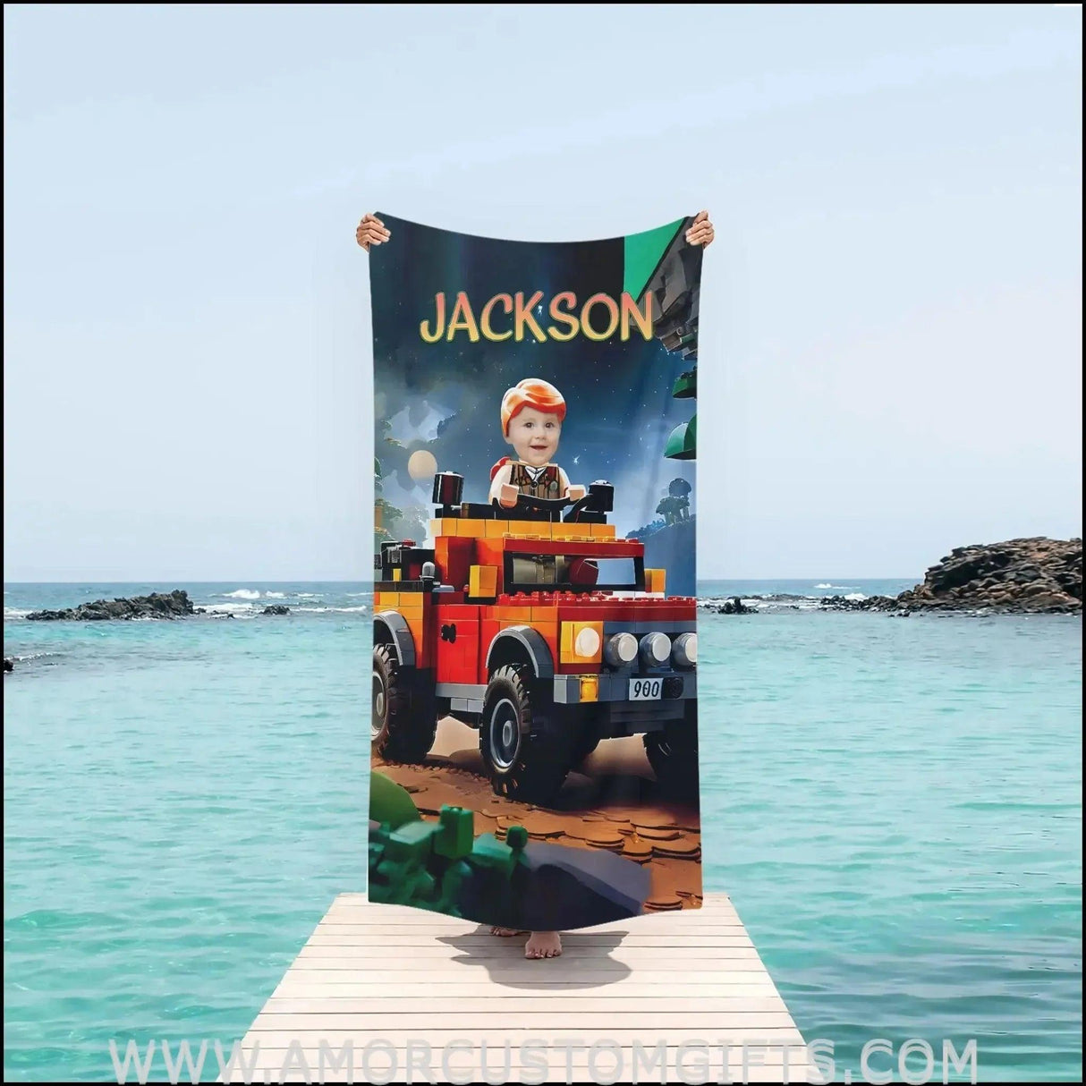 Towels Personalized Interlocking Building Blocks Classic Vehicle Beach Towel | Customized Vehicle Theme Pool Towel