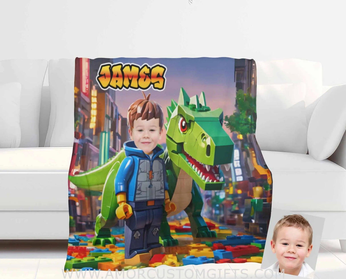 Blankets Personalized Interlocking Building Blocks Dino 3 Photo Blanket | Custom Face & Name Blanket For Boys