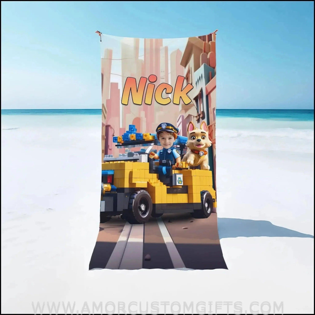 Towels Personalized Interlocking Building Blocks Police Boy & Patrol Dog Beach Towel