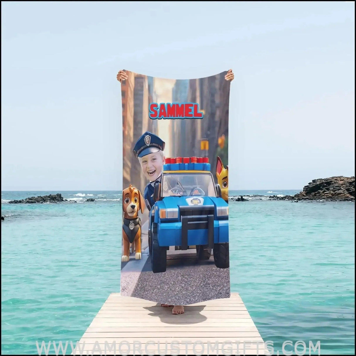 Towels Personalized Interlocking Building Blocks Police Boy & Patrol Dog Pets Car Beach Towel | Customized Patrol Theme Pool Towel