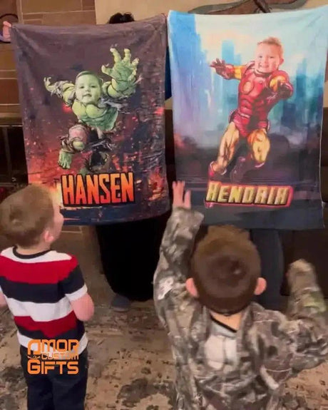 Blankets Personalized Iron Boy Blanket | Custom Face & Name Armored Superhero Blanket