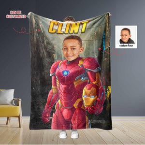 Blankets Personalized Iron Boy Blanket | Custom Face & Name Armored Superhero Blanket