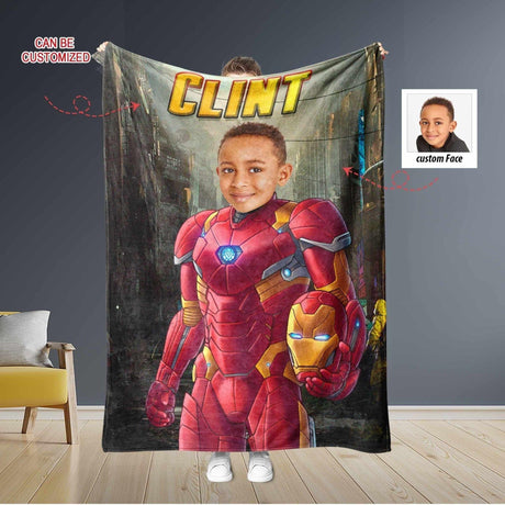 Blankets Personalized Iron Boy Blanket | Custom Face & Name Armored Superhero Blanket