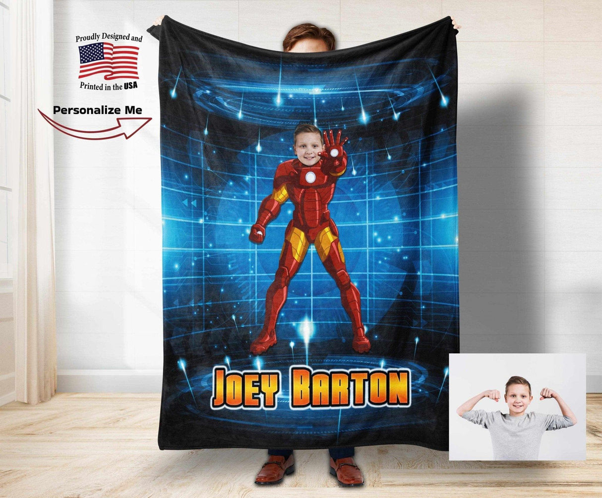 Blankets Personalized Iron Boy Blanket | Custom Face & Name Armored Superhero Blanket