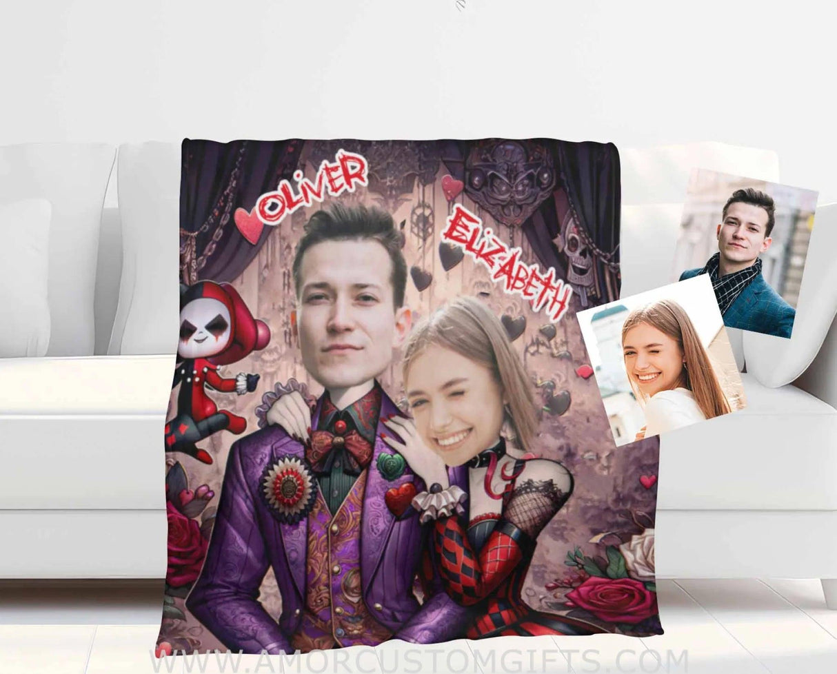 Blankets Personalized Joker Harley Couple 2 Blanket | Custom Face & Name Couple Blanket