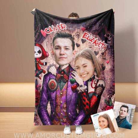 Blankets Personalized Joker Harley Couple 2 Blanket | Custom Face & Name Couple Blanket