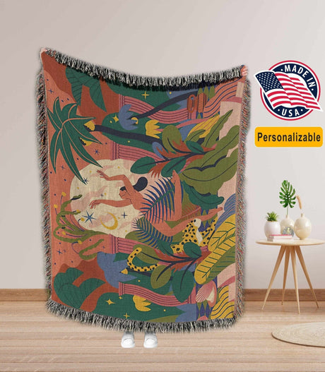 Blankets Personalized Jungle Dance Tiger Woven Blanket - Tropical Boho Style Throw Home  Decor and Gifts