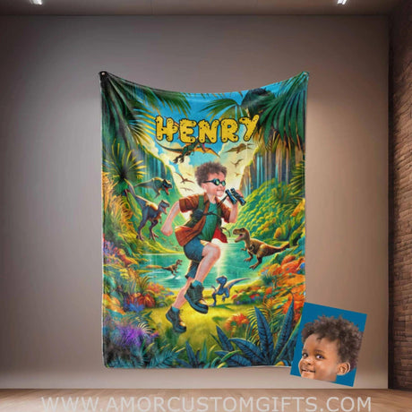 Blankets Personalized Jurassic Boy 3 Blanket | Custom Face & Name Boy Blanket