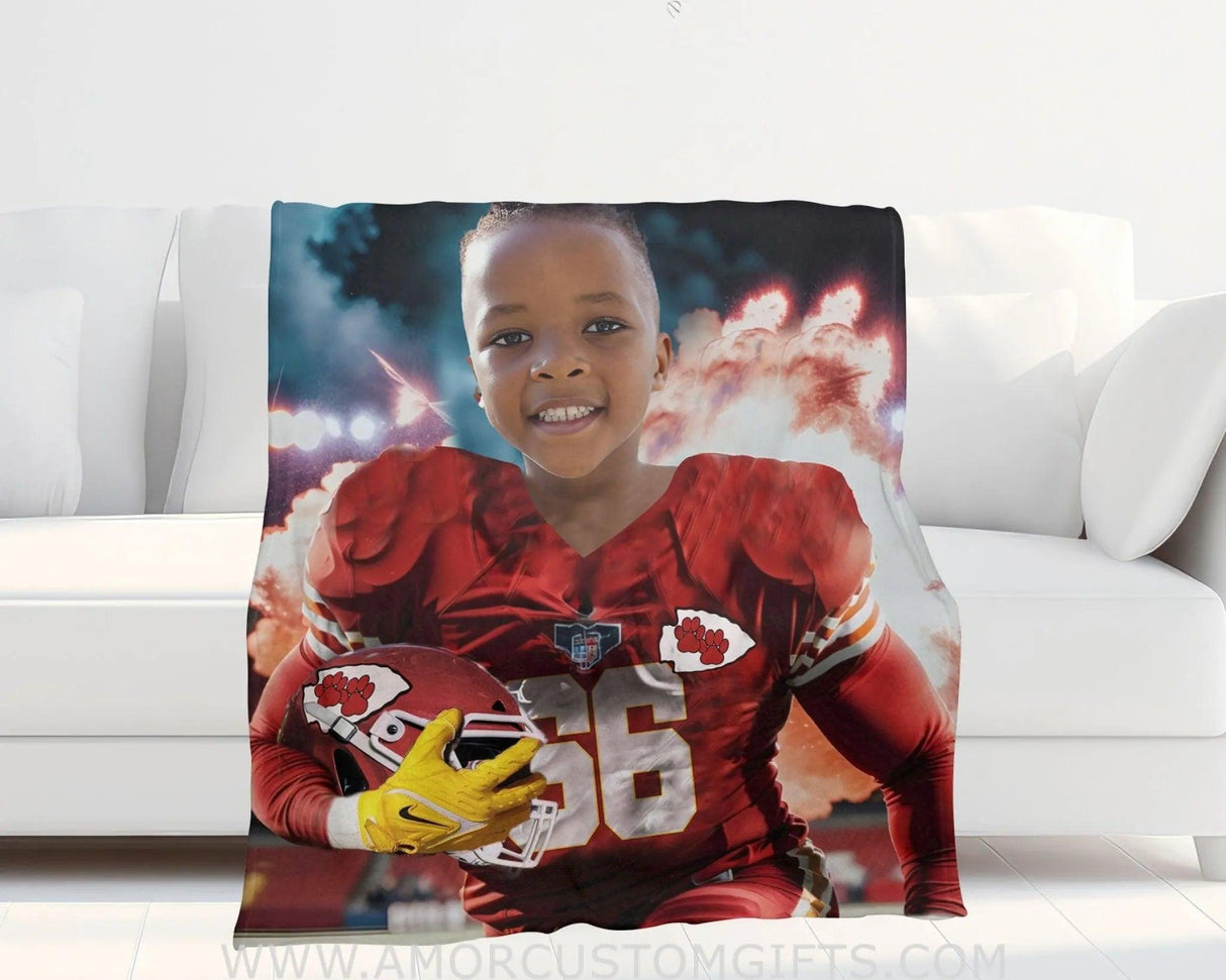 Blankets Personalized Kansas Football Boy Photo Blanket | Custom Name & Face Boy Blanket