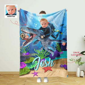 Blankets Personalized Kid Riding a Mosasaurus Jurassic Dinosaur Blanket | Custom Boy Dinosaur Blanket,  Customized Blanket