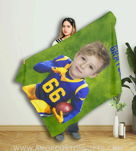 Blankets Personalized LA Football Rams Boy Blanket | Custom Face & Name Football Boys Blanket