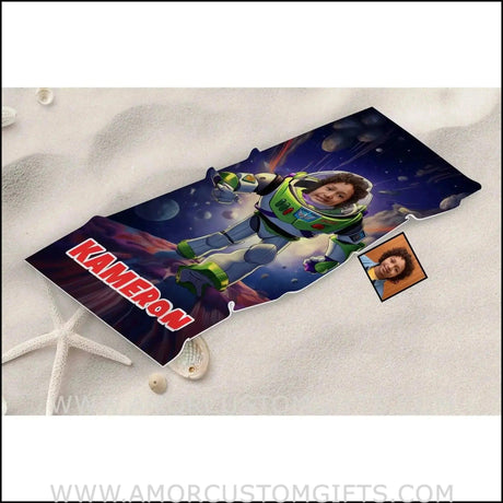 Towels Personalized Lightyear Astronaut On The Moon Buzz Beach Towel | Customized Name & Face Boy Towel