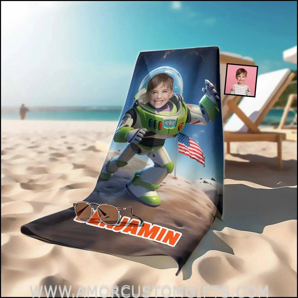 Towels Personalized Lightyear Astronaut On The Moon Buzz Beach Towel | Customized Name & Face Boy Towel