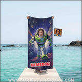 Towels Personalized Lightyear Astronaut On The Moon Buzz Beach Towel | Customized Name & Face Boy Towel