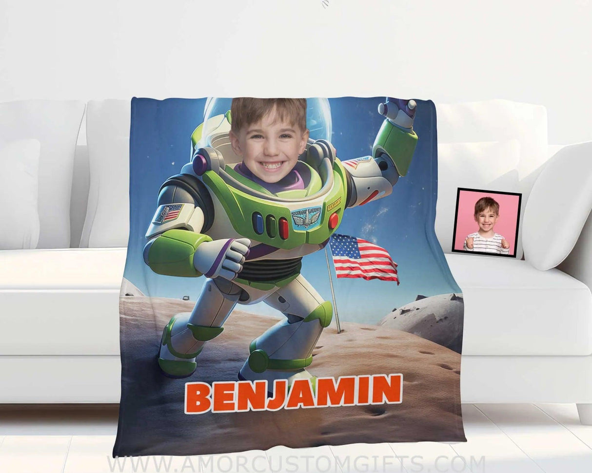 Blankets Personalized Lightyear Astronaut On The Moon Buzz Blanket | Custom Name & Face Boy Blanket