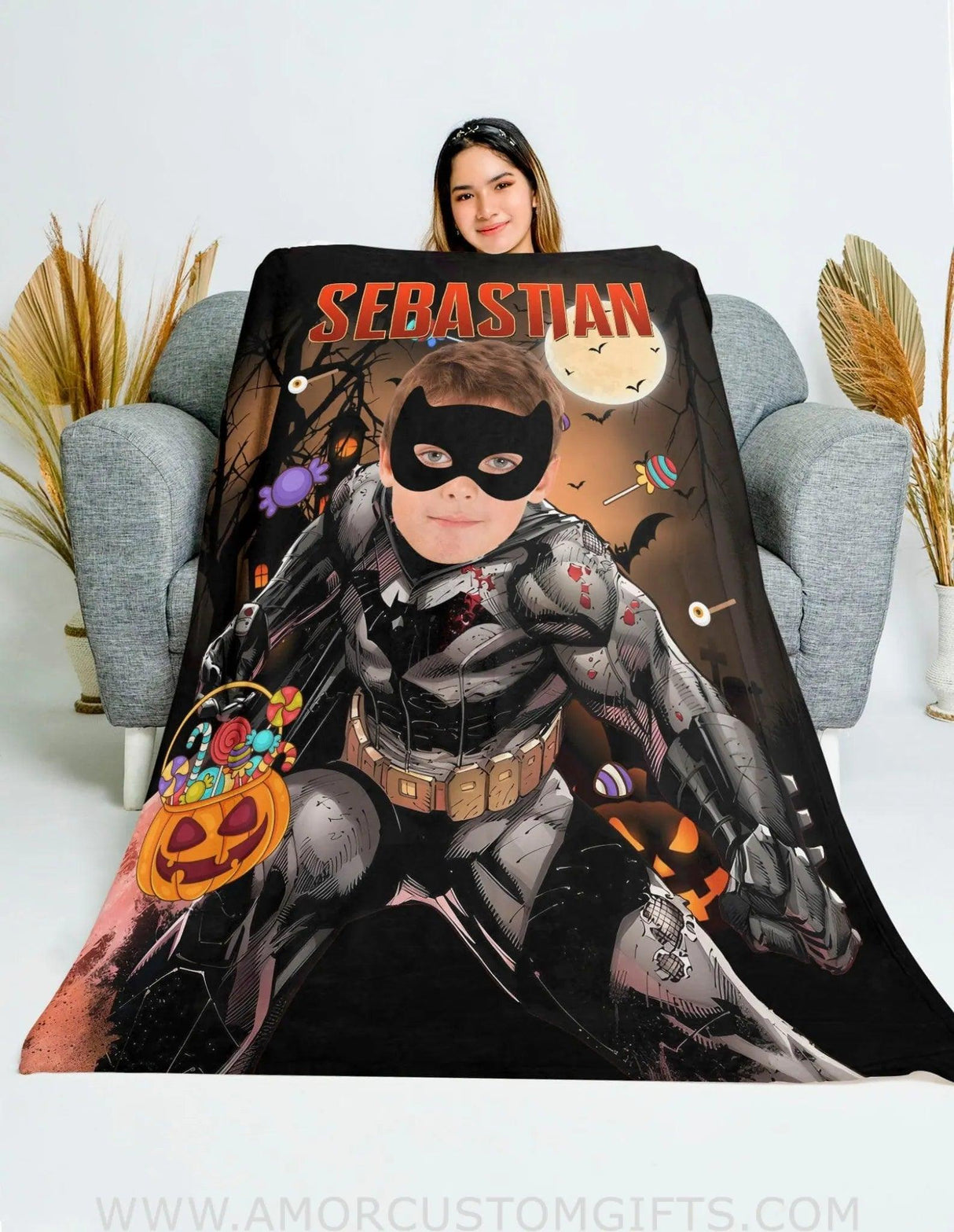 Blankets Personalized Little Boys Superhero Bat Boy Halloween Blanket | Kids Custom Face & Name Superhero Blanket