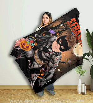 Blankets Personalized Little Boys Superhero Bat Boy Halloween Blanket | Kids Custom Face & Name Superhero Blanket