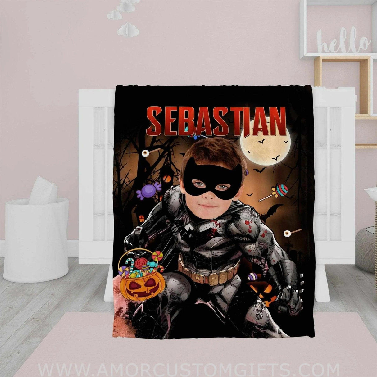 Blankets Personalized Little Boys Superhero Bat Boy Halloween Blanket | Kids Custom Face & Name Superhero Blanket