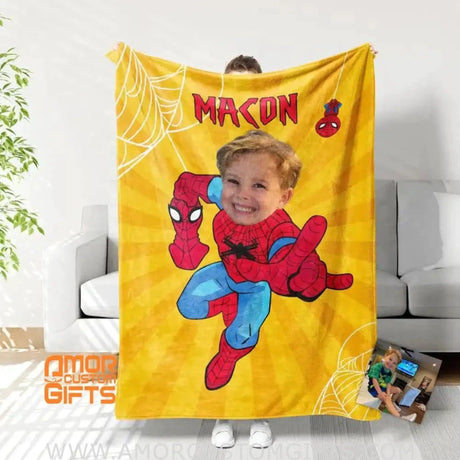 Blankets Personalized Little Boys Superhero Yellow Spider Blanket | Kids Custom Face & Name Superhero Blanket