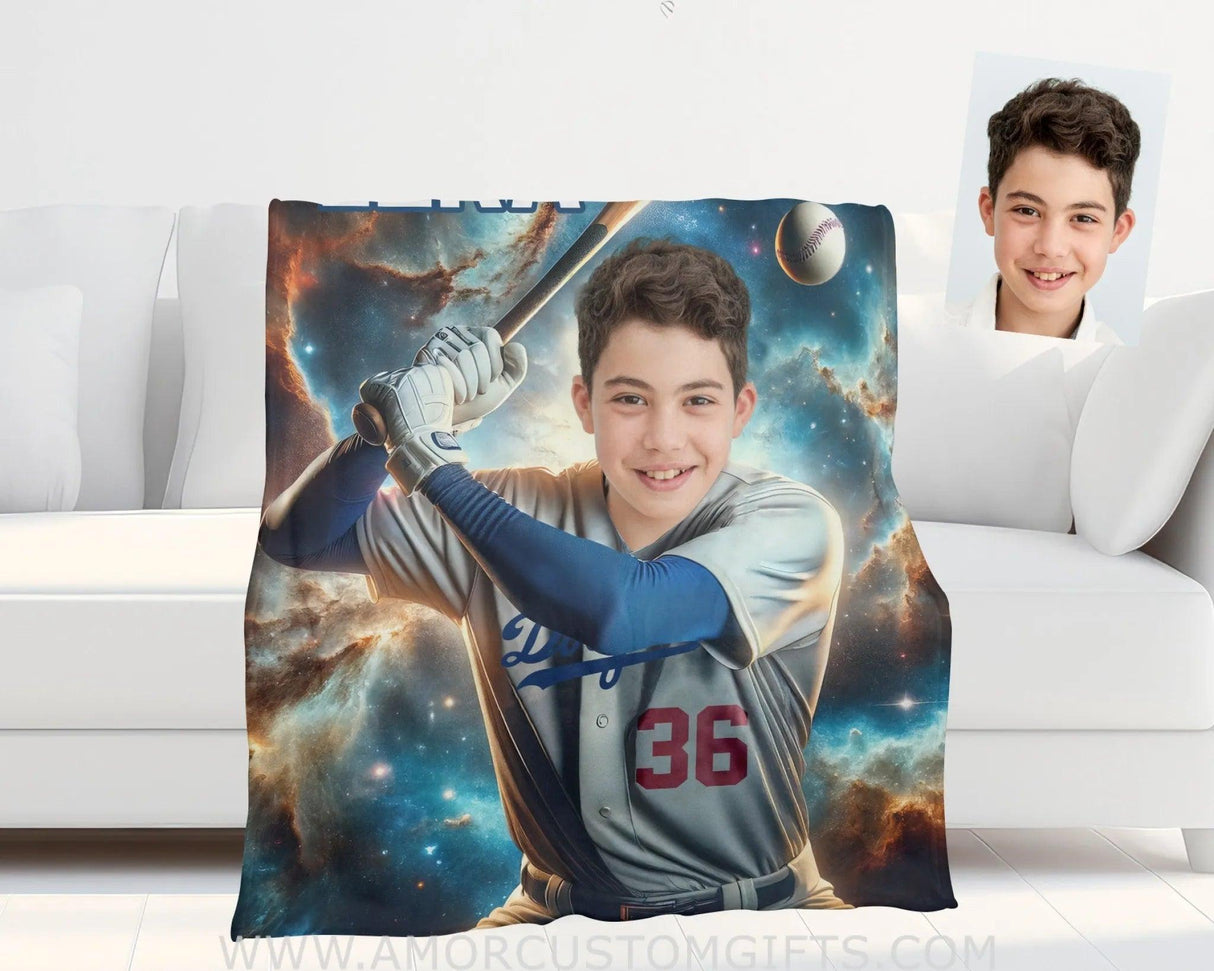 Blankets Personalized MLB Los Angeles Baseball Boy Dodgers Photo Blanket | Custom Name & Face Boy Blanket