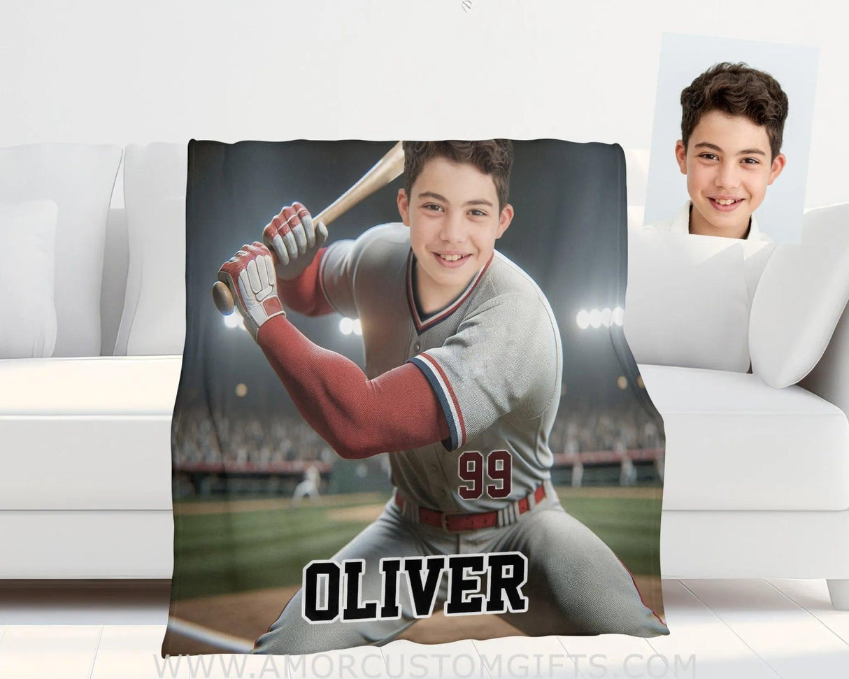 Blankets Personalized MLB Los Angeles Baseball Boy Photo Blanket | Custom Name & Face Boy Blanket