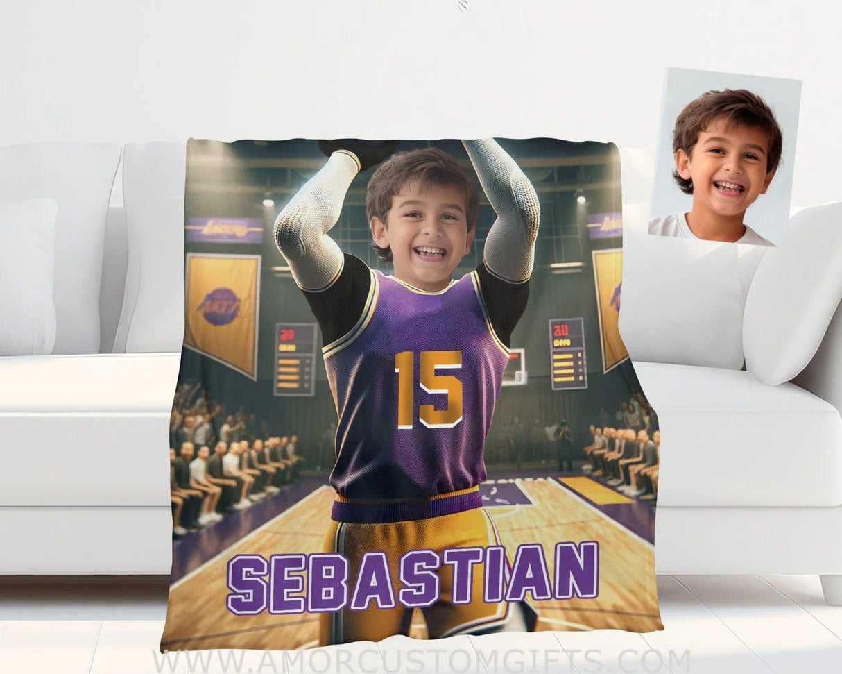 Blankets Personalized NBA Los Angeles Basketball Boy Lakers Photo Blanket | Custom Name & Face Boy Blanket