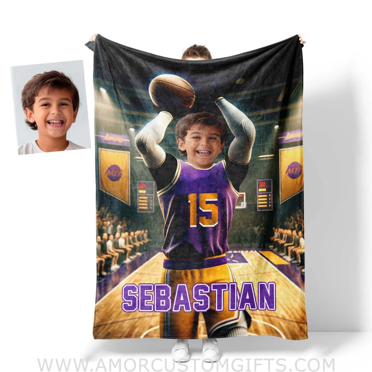 Blankets Personalized NBA Los Angeles Basketball Boy Lakers Photo Blanket | Custom Name & Face Boy Blanket